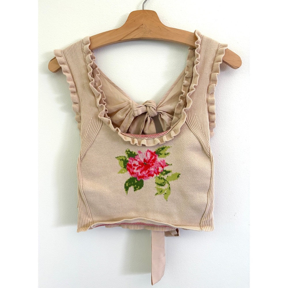 Anthropologie Boho Cottage Ruffle Cropped Rose Knit Tank Top Size Medium